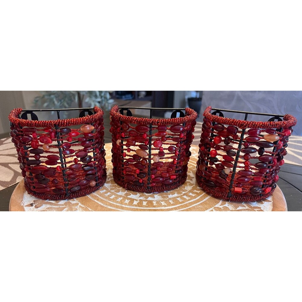 Pottery Barn Red Beaded Votive Candle Holder Sconces Wall Mount Set of 3
